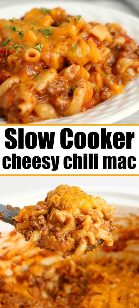 Crockpot Chili Mac, Mild Chili Recipe, Chili Mac Crockpot, Cheesy Chili Mac, Slow Cooker Chili Mac, Best Slow Cooker Chili, Cheesy Chili, Chili Mac Recipe, Chili Mac And Cheese