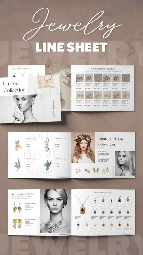 Jewelry Line Sheet Template Product Catalogue. Price and Service Landscape Guide. Jewelry Catalog Design, Jewellery Brochure, Product Brochure Design, Jewelry Layout, Portfolio Layout Template, Line Sheet Template, Jewellery Catalogue, Line Sheet, Jewel Drawing