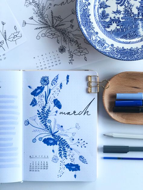 Blue Themed Drawing, March Bujo Cover, Bujo Cover Page, March Journal, March Bujo, Diario Bullet, Bujo Cover, March Bullet Journal, February Bullet Journal