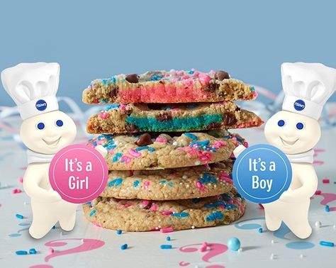 Milk And Cookies Gender Reveal, Gender Reveal Stuffed Cookies, Cookie Cake Gender Reveal, Easy Gender Reveal Desserts, Gender Reveal Cookies Ideas Simple, Gender Reveal Cookie Cake, Gender Reveal Baked Goods, Gender Reveal Treats Sweets, Food Gender Reveal Ideas