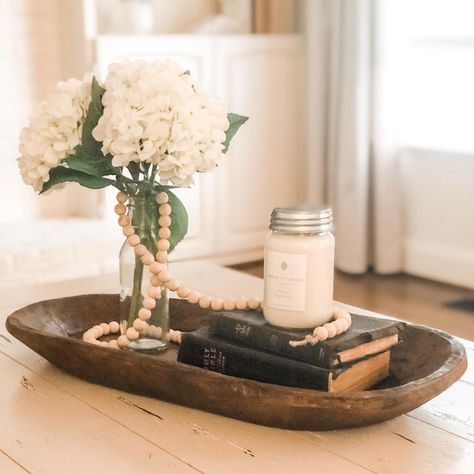 Wood Bowl Centerpiece, Wooden Bowls Decor, Farmhouse Coffee Table Decor, Dough Bowl Centerpiece, Wood Bowl Decor, Vintage Jul, Bowl Decor, Dough Bowls, Wooden Dough Bowl