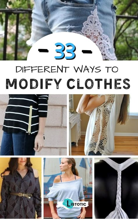 Tons of fun ideas to modify your clothes so they look more stylish then before. Great ideas for Thrifting! Find steals on clothes and refashion them to meet your needs and wants. See all 33 different ways to restyle your clothes on Listotic. Old Clothes Diy Upcycling, Repurposed Clothing Diy, Refashion Clothes Upcycling, Modified Clothing, Reuse Old Clothes, Remake Clothes, Thrifted Clothes, Reuse Clothes, Recycle Old Clothes