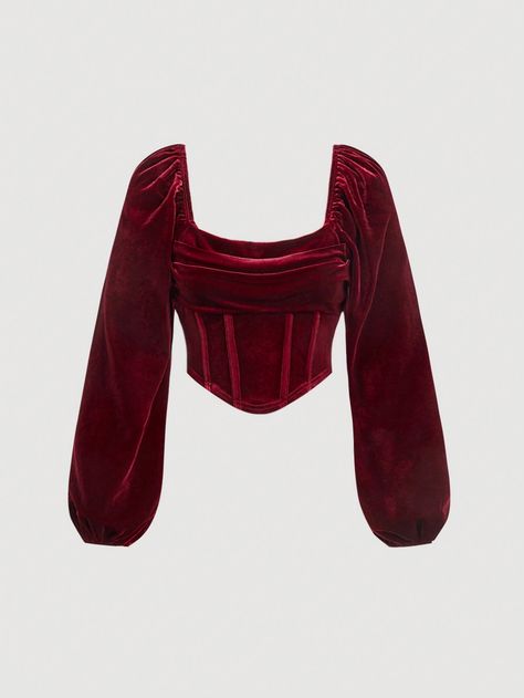 Plus Size Women's Vintage Wine Red Square Collar Long Puff Sleeve Ruched Velvet Blouse, Autumn/Winter Burgundy Casual  Long Sleeve Knitted Fabric Plain  High Stretch  Women Plus Clothing, size features are:Bust: ,Length: ,Sleeve Length: Red Peplum Top Outfit, Red Velvet Top Outfit, Crimson Outfit, Velvet Tops Outfit, Dark Red Top, Red Corset Top, College Tour, Moda Aesthetic, Stand Collar Top