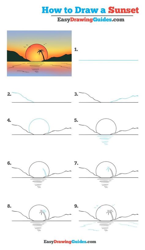 Learn How to Draw a Sunset: Easy Step-by-Step Drawing Tutorial for Kids and Beginners. #Sunset #drawingtutorial #easydrawing See the full tutorial at https://easydrawingguides.com/draw-sunset-really-easy-drawing-tutorial/. Learn To Draw Nature, Step By Step Drawing Nature, Drawing Ideas Easy Step By Step Nature, Sunset Sketch Pencil Easy, How To Paint Landscapes Step By Step, Draw Nature Easy, How To Draw Nature Step By Step, Drawing Sunset Pencil, Color Pencil Drawing Easy Step By Step