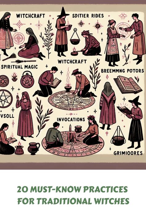 Illustrations of traditional witchcraft practices with the title "20 Must-Know Practices for Traditional Witches". Witchcraft Movie, Wiccan Sabbats, Wiccan Rituals, Pagan Festivals, Traditional Witchcraft, Folk Magic, Witchcraft Supplies, Witchcraft For Beginners, Pagan Witch