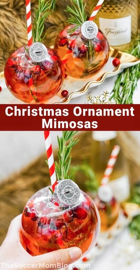 Holiday Drink In Ornament, Drinks In Christmas Ornaments, Christmas Drink With Ornament, Christmas Cocktail With Ornament, Christmas Ornament Mimosa, Holiday Ornament Cocktail, Christmas Cocktails With Ornament, Xmas Party Ideas For Adults, Christmas Bulb Drink Ideas