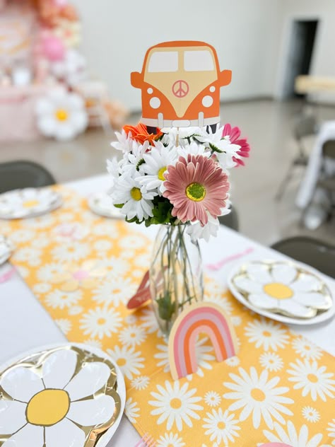 Groovy One Table Set Up, 5 Is A Vibe Backdrop, Hippy Table Decor, Five Is A Vibe Centerpiece, Groovy Table Decorations, Groovy Flower Centerpiece, Two Groovy Birthday Party Table Decor, 60s Theme Table Decor, 70s Party Table Decorations