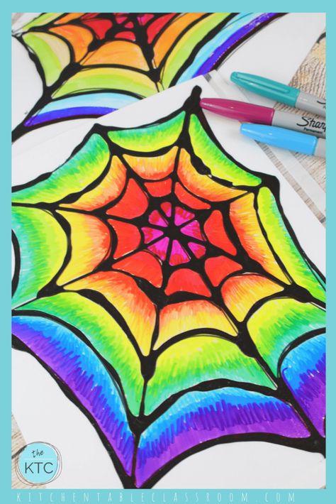 Stained Glass Spider Web, Homeroom Mom, Spider Web Craft, Stained Glass Spider, Teaching Board, Halloween Arts, Sharpie Colors, Black Glue, Glue Art