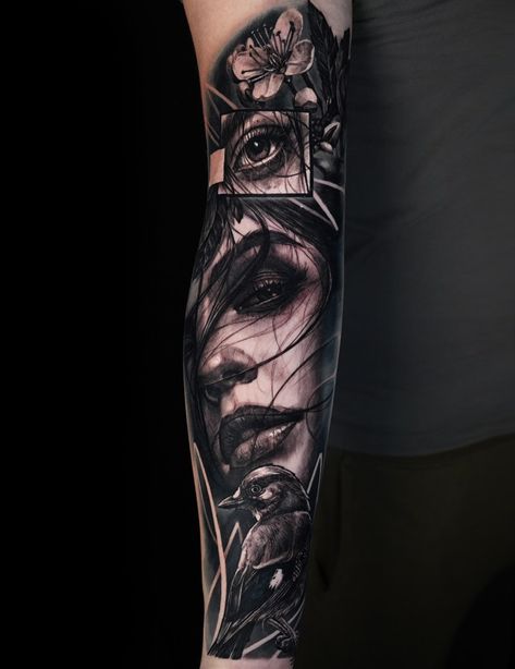 Witcher Tattoo, Arm Tattoos For Guys Forearm, Underarm Tattoo, Black And Grey Realism, Headdress Tattoo, Wrist Tattoos Girls, Floral Back Tattoos, Realistic Tattoo Sleeve, Girls With Sleeve Tattoos