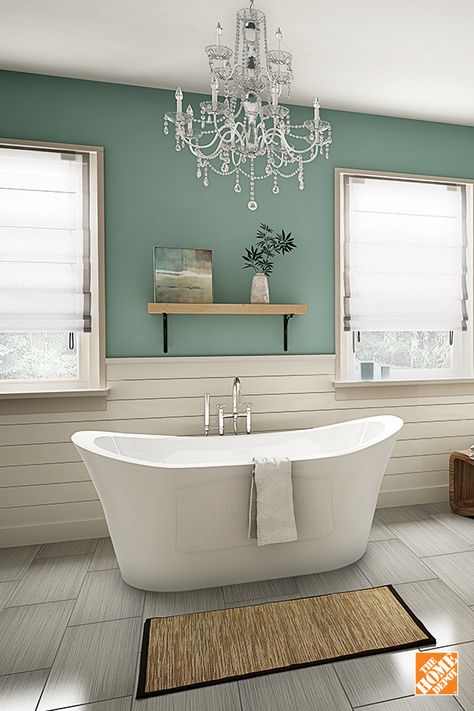 Pair a decadent chandelier with a deep freestanding statement tub for the ultimate personal luxury bathroom experience. Learn more at homedepot.ca . Casa Vintage, Hemnes, Bathroom Renos, Cool Ideas, Bathroom Remodel Master, House Bathroom, Duck Egg, Farmhouse Bathroom, Beautiful Bathrooms