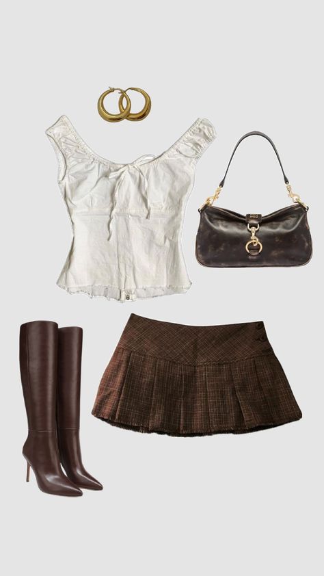 ★ brown Outfit ★ #brown #outfit #fit #brownfit #skirt #boots #outfitinspo Brown Plaid Pleated Skirt Outfit, Brown Short Skirt Outfit, Brown Denim Skirt Outfit, Brown Skirt Outfit Summer, How To Style Brown Boots, Plaid Pleated Skirt Outfit, Brown Corset Outfit, Brown Plaid Skirt Outfit, Brown Mini Skirt Outfit