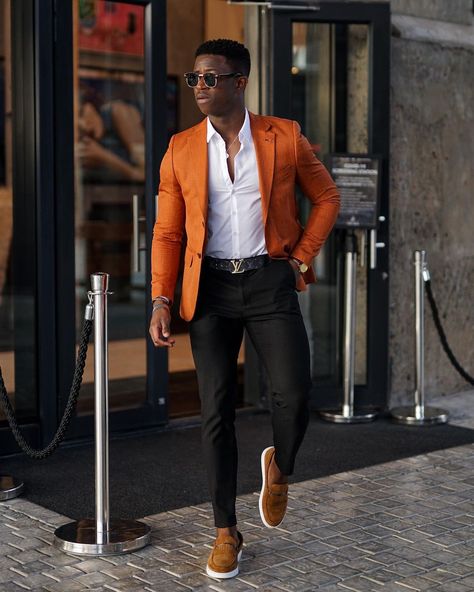 MENS STYLE DESTINATION on Instagram: “| A Real Alpha Will Do Whatever It Takes To Achieve His Goals Even If It Means Standing Alone. | _________________________________________…” Orange Blazer, A Man, Blazer, Orange, White, Black, Color