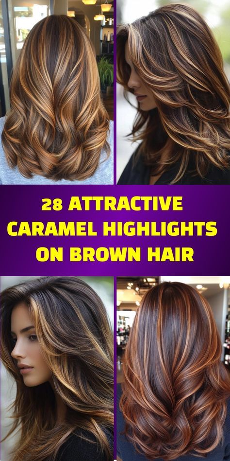 Discover 28 elegant caramel highlights on brown hair that create a stunning, multi-dimensional effect. These caramel highlights offer a beautiful contrast to brown hair, providing a range of options from soft, blended highlights to striking, defined streaks. Chocolate Caramel Ombre Hair, Good Highlight Colors For Brown Hair, Ombré Highlights On Brown Hair, Caramel Highlights On Blond Hair, Best Highlights For Fall, Fall Hair For Brown Hair, Chestnut Brown With Caramel Highlights, Balayage For Brown Hair Caramel, Carmel Brown Balayage Hair