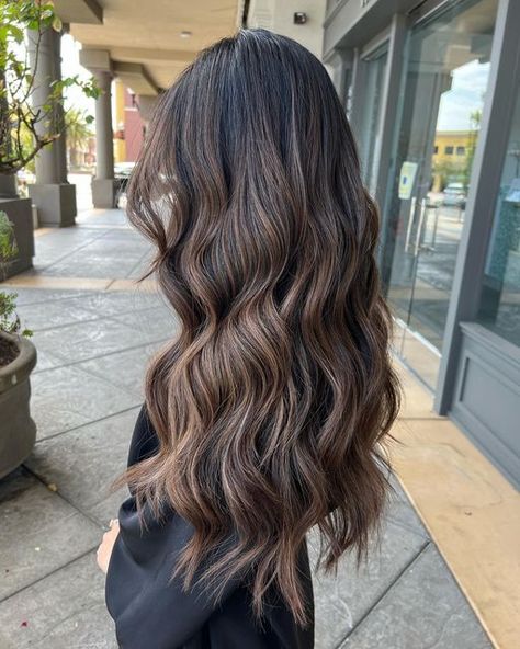 Balayage On Dark Brunette, Full Head Brown Highlights, Long Dark Brunette Hair With Highlights, Long Black Hair With Layers Balayage, Balayage Long Brown Hair, Highlights Dark Brown Hair Balayage, Dark And Light Balayage, Dark Brunette With Balayage, Brown Balage Hair