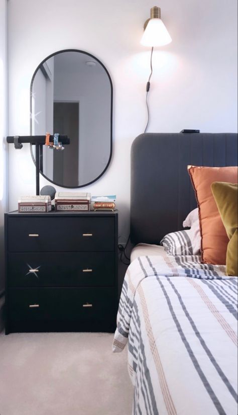 Oval Bedroom Mirror, Night Stand With Mirror Above, Mirror Above Nightstand, Mirrors Above Nightstand, Oval Mirror Bedroom, Mirrors Behind Nightstand Ideas, Mirror Behind Nightstand, Mirror Headboard, Mens Bedroom