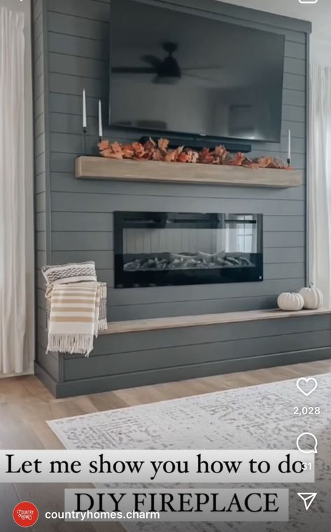 Entertainment Center Ideas With Fire, Fireplace Tv Wall Built Ins, Homemade Fireplace, Media Wall Ideas With Fireplace, Faux Mantel, Fireplace And Tv, Queenslander Renovation, Diy Farmhouse Ideas, Built In Shelves Living Room