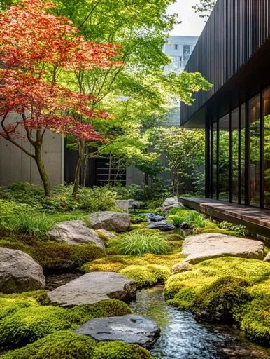 ↑↑↑ Larger size on website 🔸 A serene Japanese garden features a winding stream that flows through a bed of moss and rocks.  Larg Japanese Rock Garden, Minimalist Japanese, Moss Garden, Wood Siding, Long Shadow, Garden Features, Green Foliage, Modern Buildings, Natural Elements