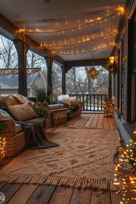 Front Porch With Windows Ideas, Comfy Back Porch Ideas, Back Deck Aesthetic, Lanai Porch Ideas, Cool Back Porch Ideas, Cozy Covered Porch, Elegant Porch Ideas, Indoor Front Porch Ideas, Moody Front Porch