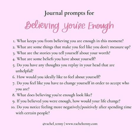 February’s journal prompts are all about understanding why you struggle to believe you’re enough! Find somewhere without distraction, light your favorite candle, and take some time to connect with yourself.⁣ Photo by Rachel Tenny | Therapist on February 07, 2023. May be an image of text. #Regram via @Coa_W9csIlY February Journal Prompts, Feeling Good Enough, You're Enough, Connect With Yourself, Journal Questions, Healing Journaling, Healing Affirmations, Writing Therapy, Baddie Tips