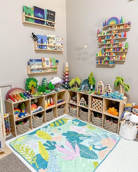 Long Playroom Ideas, Wild Ones Playroom, Playroom Classroom Combo, Tiny Play Area In Living Room, Multi Age Playroom Ideas, Montessori Bulletin Boards, Montessori Playroom Decor, Small Playroom Setup, Small Toddler Playroom