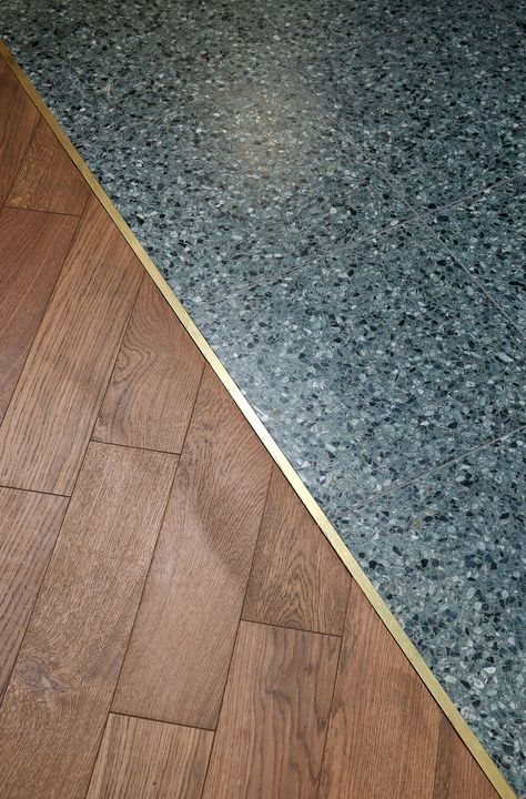 Terrazo Flooring, Terrazzo And Wood, Transition Flooring, Terrazzo Floor, Bar Detail, Pizza Restaurant, Terrazzo Flooring, No Rules, Tile Trim