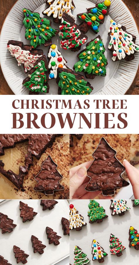 These adorable Christmas Brownies will be the talk of your holiday party! Super cute, easy, and totally customizable, these festive brownie trees will be a hit with any crowd. These Christmas Tree Brownies are a great recipe for kids - so cute, fun and simple to decorate together. Christmas Tree Brownies Holiday Treats, Fun Christmas Baking Ideas For Kids, Christmas Chocolate Brownies, Brownie Trees Christmas, Holiday Theme Desserts, Brownie Christmas Trees, Christmas Brownies Ideas Easy, Christmas Treats For Party, Brownie Christmas Ideas