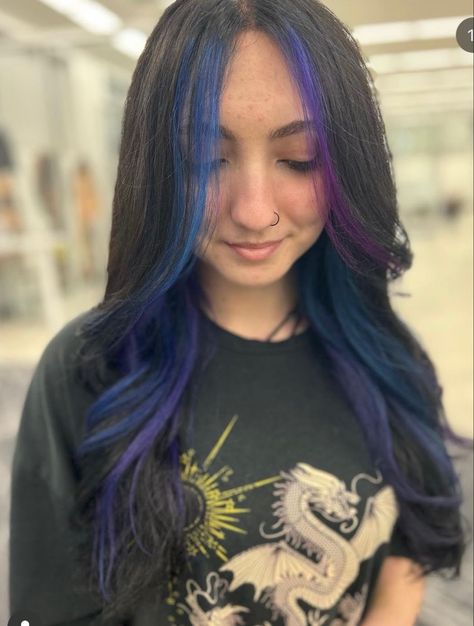 Galaxy Hair Underneath, Purple And Blue And Black Hair, Blue And Purple Underneath Hair, Pink Purple And Blue Hair Underneath, Galaxy Hair Highlights, Purple And Turquoise Hair Highlights, Black Hair With Blue And Purple Streaks, Blue And Purple Money Piece Hair, Blue Purple And Black Hair