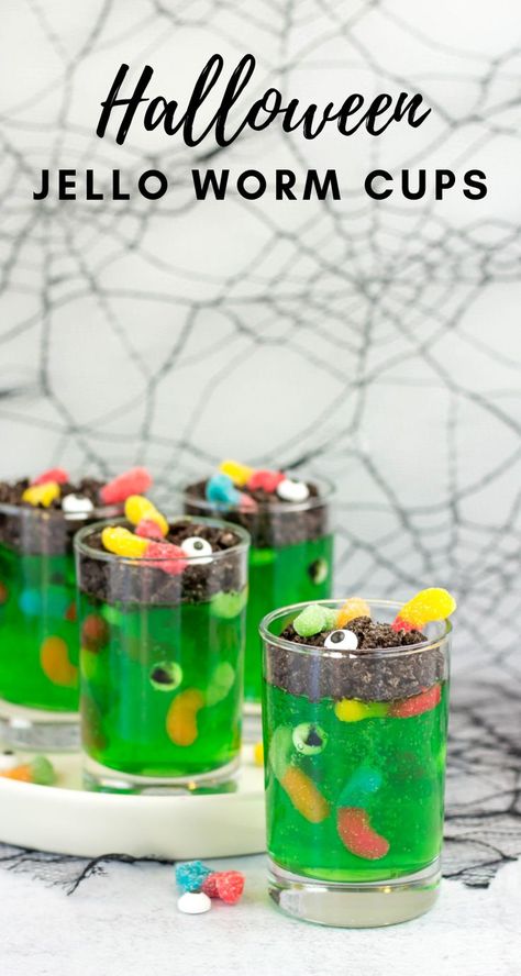 Halloween Jello Worm Cups, jello cups, lime jello, Halloween dessert, Halloween treat, Halloween recipe ideas, worms in dirt recipe, kid friendly Halloween recipe Jello Halloween, Halloween Desserts Kids, Jello Worms, Kid Friendly Halloween Party, Halloween Jelly, Halloween Jello, Halloween Deserts, Jello Cups, Candy Eyeballs