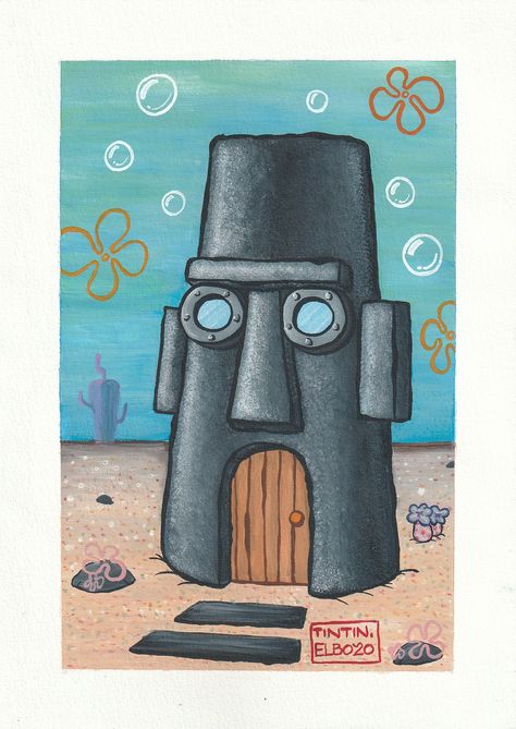 Squidward House Painting, Spongebob Squarepants House, Squidward House, Spongebob House, Himi Gouache, Easter Island Heads, Easter Bunny Pictures, Spongebob Painting, Photo Scan