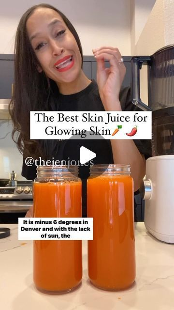 Jen Jones | Plant-Based Queen on Instagram: "Glowing skin juice by @thejenjones let’s goo!!! The Winter is tough for everyone’s skin so let’s take care of it from the inside out! Hydrating juices, herb steams, gua sha for rejuvenating the skin/lifting and of course @nevell_skin coffee oil! Grab your bottle of my coffee oil for glowing skin! Read all of the 5 star reviews on nevellskin.com link in bio. Juicer I am using is the Nama J2 juicer! Use JENJONES10 at namawell.com link in bio! Are you following @dontforgetthecinnamon_ ??? Merch drop coming soon! Glass jars and camu camu are on my Amazon storefront. Link in bio! Recipe: Organic 10 carrots 2 yellow peppers 2 oranges Small knob of ginger 1 tsp camu camu each juice Dash of Ceylon Cinnamon Add coconut water, regular water (j Juice For Good Skin, Juice For Skin And Hair, Carrot Juice For Glowing Skin, Juice For Clear And Glowing Skin, Skin Clearing Juice, Skin Glow Juice Recipes, Glow Juice Recipe, Glowing Skin Juice Recipe, Clear Skin Juice Recipe