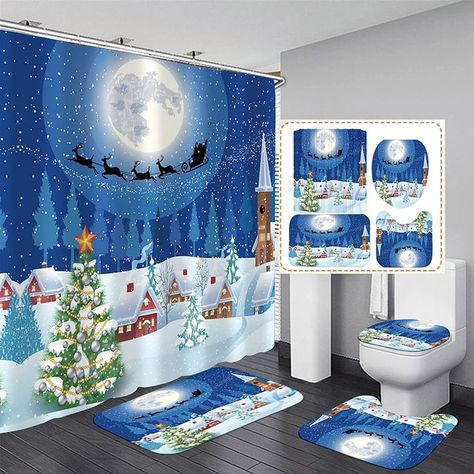 Snowman Shower Curtain, Christmas Bathroom Sets, Christmas Shower Curtain, Bathroom Curtain Set, Kids Bathroom Accessories, Bilik Mandi, Christmas Shower, Christmas Shower Curtains, Christmas Bathroom