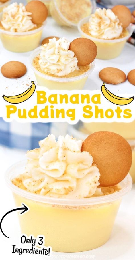 Banana Shots Alcohol, Baileys Pudding Shots Recipes, Banana Pudding Shots Alcohol, Banana Pudding Moonshine Recipes, Rum Shots Recipes, Alcoholic Snacks, Banana Rum Recipes, Banana Pudding Shots, Pudding Shots Alcoholic