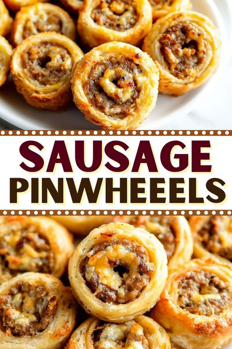 These sausage pinwheels are quick, easy, and only require 4 ingredients! Make them for a party and watch them disappear. Sausage Appetizers For Party Easy, Cheesy Sausage Breakfast Pinwheels, Sausage Cheese Pinwheels, Hot Pinwheels Appetizers, Appetizer Recipes For Large Crowd, Easy Food Appetizers, Simple Savory Appetizers, Cheap Easy Finger Foods Parties, Make Ahead Pinwheel Appetizers