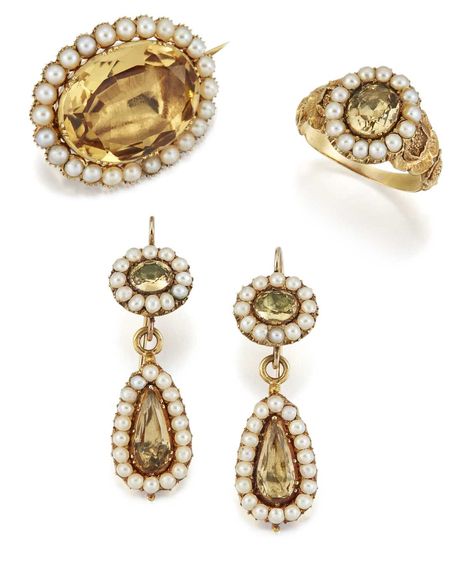 A 19TH CENTURY CITRINE AND SEED PEARL PARURE comprising a brooch, earrings and a ring, each with Vintage Citrine Ring, Watches Silver, Georgian Jewelry, Jewellery Vintage, Antique Fashion, Unusual Jewelry, Citrine Ring, Royal Jewelry, Seed Pearl