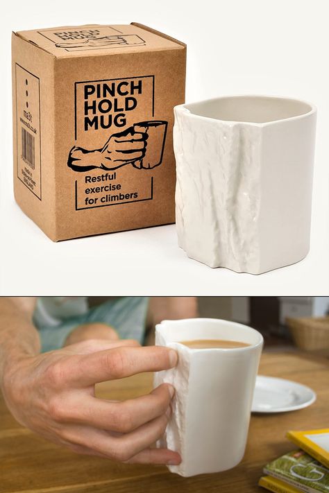 This unique ceramic coffee mug is completely handleless except for the rock face texture on the side that can be gripped with a strong pinch of your fingertips. Climbing Diy Gift, Hiking Gifts For Him, Gifts For Climbers, The Rock Face, Face Texture, Rock Climbing Chalk Bag, Rock Climbing Gifts, Climbing Gifts, Chalk Bags