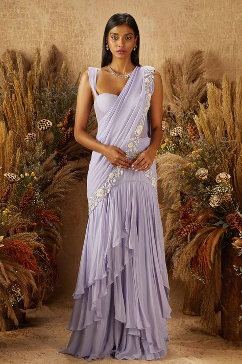 Draped Saree Gown, Saree Gowns, Drape Sarees, Purple Corset, Draped Saree, Skirt Ideas, Corset Blouse, Ruffle Saree, Saree Gown