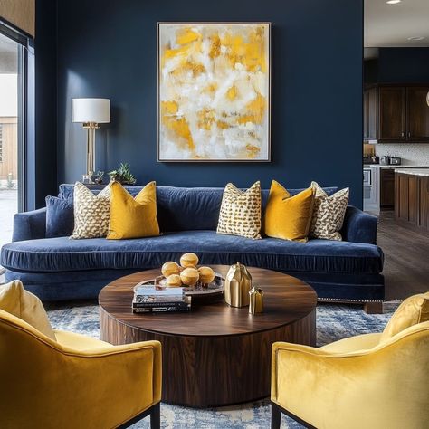 Navy And Ochre Living Room, Navy Yellow Living Room, Navy And Mustard Living Room, Navy And Yellow Living Room, Navy Sofa Living Room Colour Schemes, Navy Gold Living Room, Mustard Yellow Living Room, Blue And Mustard Living Room, Mustard Living Room