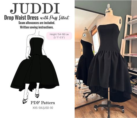 Drop Waist Dress Pattern, Puff Skirt, Drop Waist Skirt, Tulle Underskirt, Drop Waist Dress, Bridesmaid Outfit, Bustier Dress, Fashion Sewing Pattern, Dropwaist Dress