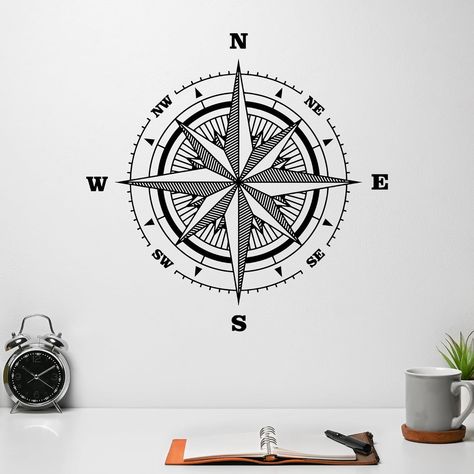 Amazon.com: Vinyl Wall Decal Compass Nautical Travel Tourism Sea Style Stickers Mural Large Decor (g6423) Black : Tools & Home Improvement Compass Aesthetic Vintage, Compass Mural, Compass Rose Art, Nautical Tattoo Sleeve, Compass Art, Masculine Tattoos, Sea Style, Engraving Ideas, Nautical Compass