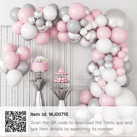 Gray Party Decorations, Ribbon Balloon, Pink Birthday Decorations, Flower Petals Wedding, Baby Shower Balloon Arch, Silver Party Decorations, Silver Balloons, Balloons Decor, Balloons Arch