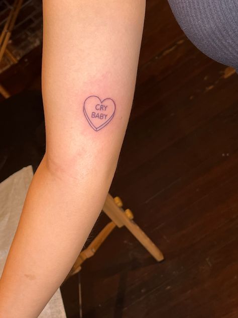 Heart Tattoo Designs Aesthetic, I Heart Me Tattoo, Candy Heart Tattoo Black, Conversation Heart Tattoo Outline, Loveheart Sweets Tattoo, Bless Your Heart Tattoo, Sweet Tart Heart Tattoo, Small Melanie Martinez Tattoos, Eat Me Candy Heart Tattoo