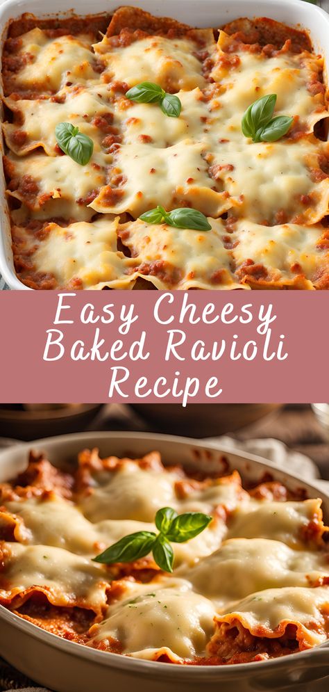 Easy Cheesy Baked Ravioli Recipe | Cheff Recipes Ravioli And Meat Sauce, Dinner Ideas With Cheese Ravioli, Homemade Ravioli Sauce Recipe, Frozen Baked Ravioli, Cheesy Baked Ravioli, Easy Cheese Ravioli Bake, Beef Ravioli Recipe Homemade, 4 Cheese Ravioli Pasta Sauces, Easy Baked Ravioli Casserole