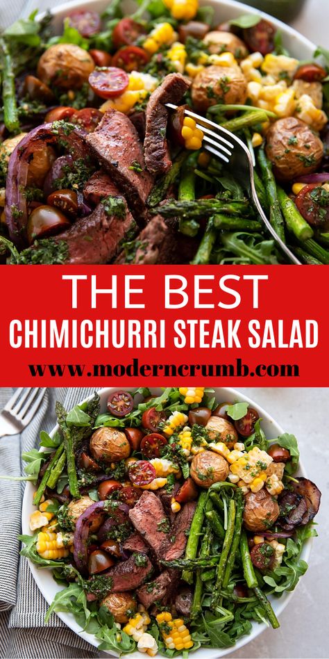 Chimichurri Steak Salad Corn Asparagus, Asparagus Grilled, Chimichurri Steak, Steak Salad Recipe, Potatoes Tomatoes, Tender Steak, Salad Pasta, Chimichurri Sauce, Steak Salad