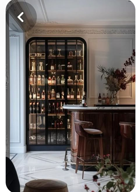 Rounded Bar Counter, Residential Bar Design Modern, Library Bar Home, Bar Seating Design, Parisian Home Bar, At Home Speakeasy Bar, Led Lights Bar Interior Design, Rounded Bar Design, Ideas For Bars At Home