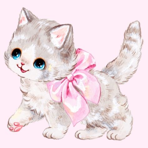 Image Chat, Vintage Kitsch, Cute Animal Drawings, Vintage Cat, Kawaii Art, Cat Drawing, الرسومات اللطيفة, A Drawing, 귀여운 동물