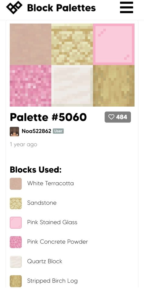 Red Block Pallet Minecraft, Pink Block Pallet Minecraft, Cherry Wood Color Palette Minecraft, Minecraft Building Color Palette, Minecraft Desert Block Palette, Pink Minecraft Pallet, Minecraft Desert Palette, Pink Cottagecore Minecraft, Mc Color Palette