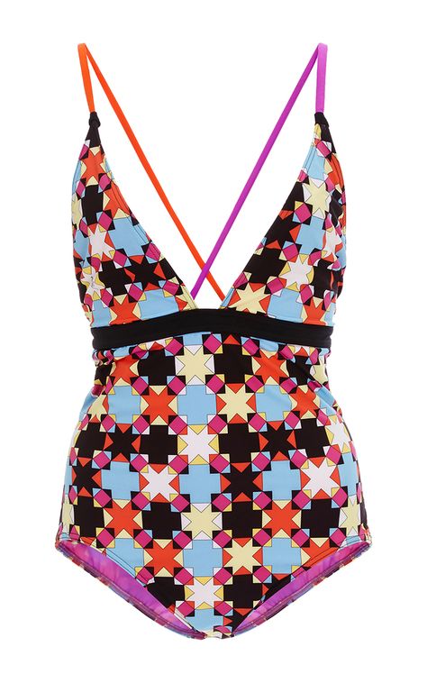 Geometric Print One Piece Swimsuit by EMILIO PUCCI Now Available on Moda Operandi Triangle Swimwear, Strappy Bathing Suit, Cl Fashion, Triangle Bathing Suit, One Piece Bathing Suits, Seaside Style, Poolside Fashion, Triangle Swimsuit, Triangl Swimwear