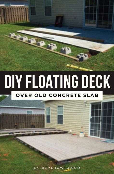 Build a floating backyard deck over concrete slab or patio. Follow our DIY guide for step-by-step instructions. Discover budget-friendly ground level deck ideas and get inspired to create a beautiful outdoor living space. Learn the low-down on low decks and design a floating deck that enhances your backyard! Extend Concrete Slab Patio, Flat Deck Ideas Backyards Patio, Covered Floating Deck Ideas, Low To Ground Deck, Leveled Deck Ideas, Floating Wood Deck Patio, Ground Level Wood Deck, Simple Floating Deck, Diy Low Deck Ground Level