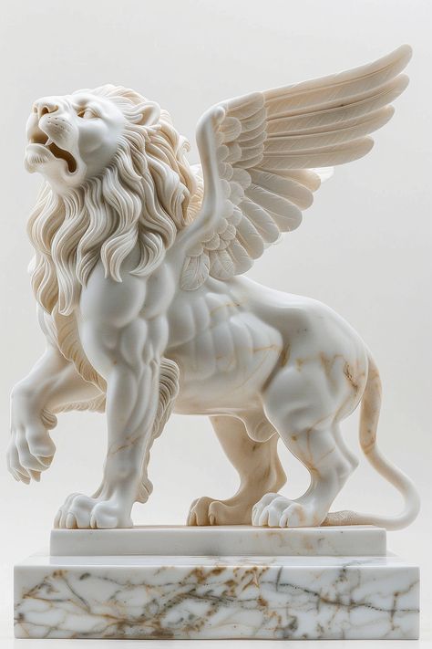 Majestic White Marble Lion with Wings Statue on Podium Lion Side View, Statue With Wings, Lion With Wings, Tiger Statue, Styrofoam Art, Winged Lion, Inspirational Digital Art, Lion Statue, Painting Tattoo