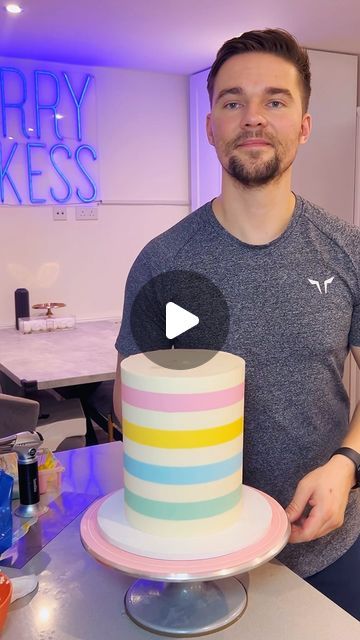 Harry Shakespeare on Instagram: "🌈BUTTERCREAM STRIPES TUTORIAL🌈  Today I’m going to talk you through the process of getting perfect buttercream stripes.  Stripes cakes are all about patience.  Here’s some tips- - make sure your cake it’s fully chilled and set - Use a hot scraper - If your top layer starts to melt, re chill your cake - Trust the process - Focus on areas that need extra attention  These cakes take TIME! There must have been about 15-20 scrapes that you didn’t see in this video.  Let me know what you think! What tutorial should I go through next?  You can get my recipes on my website HarryBakess.com  Colours @. code HARRY10 for 10% off Board @  code HARRY10 for 10% off  #buttercream #buttercreamtutorial #cakerecipe #buttercreamstripes #cakelesson #cakedecorating #buttercrea How To Make A Striped Cake, How To Do Stripes On A Cake, Buttercream Stripes On Cake, How To Make Stripes On Cake, 2 Tier Rainbow Cake, Striped Cake Tutorial, Half Drip Cake, New Trend Cake Design, Striped Birthday Cake